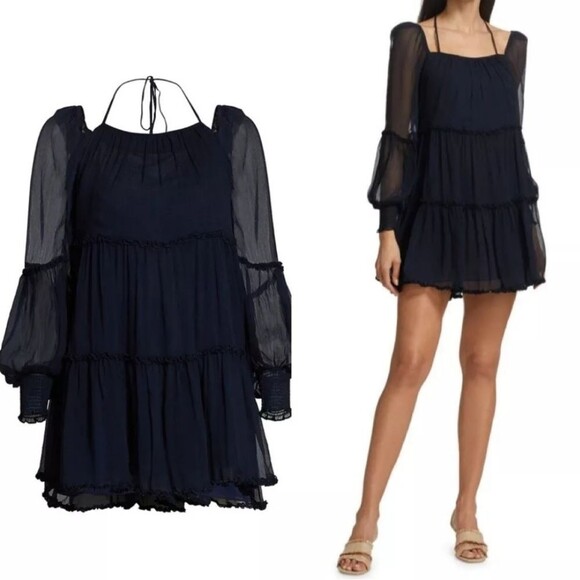 Cinq à Sept Zina Chiffon Halter Sheer Ruffle Tiered Mini Dress Dark Navy Size 10 - Picture 15 of 16